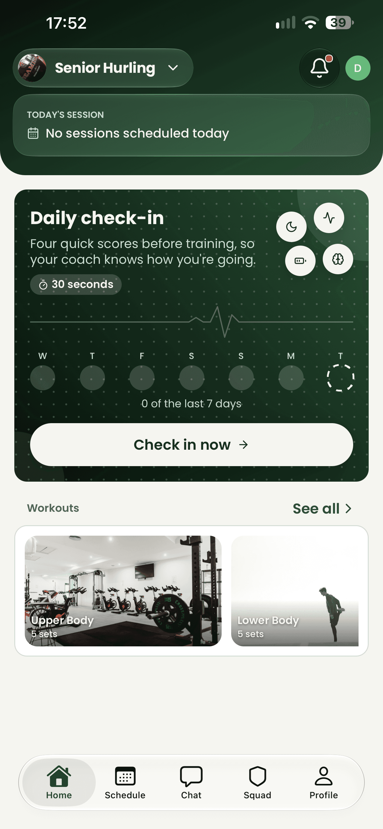 Bua on iPhone: a player's home screen with the daily check-in card — four quick scores before training, and their streak for the last seven days.