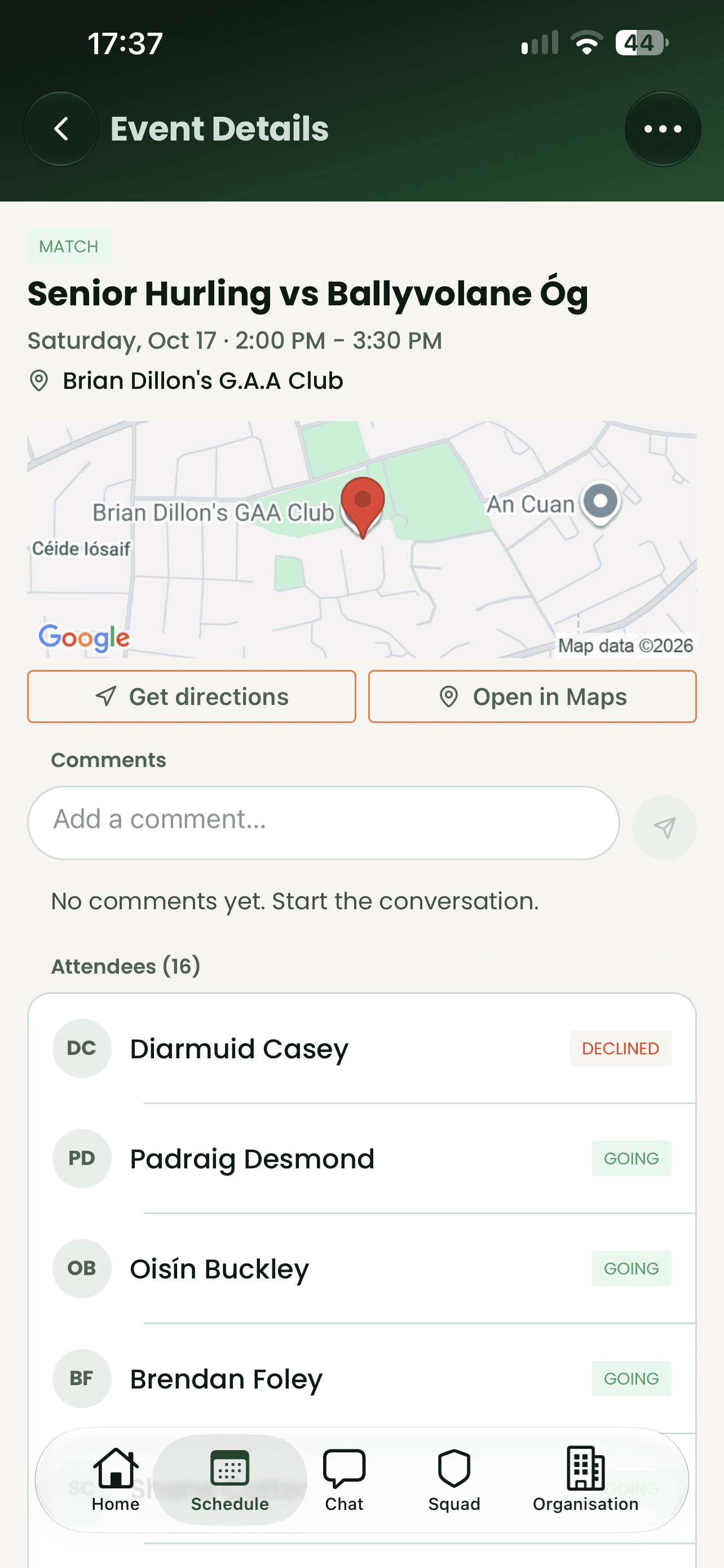 Bua on iPhone: a match's event page — time, venue map with directions, comments and each player's going or declined status.