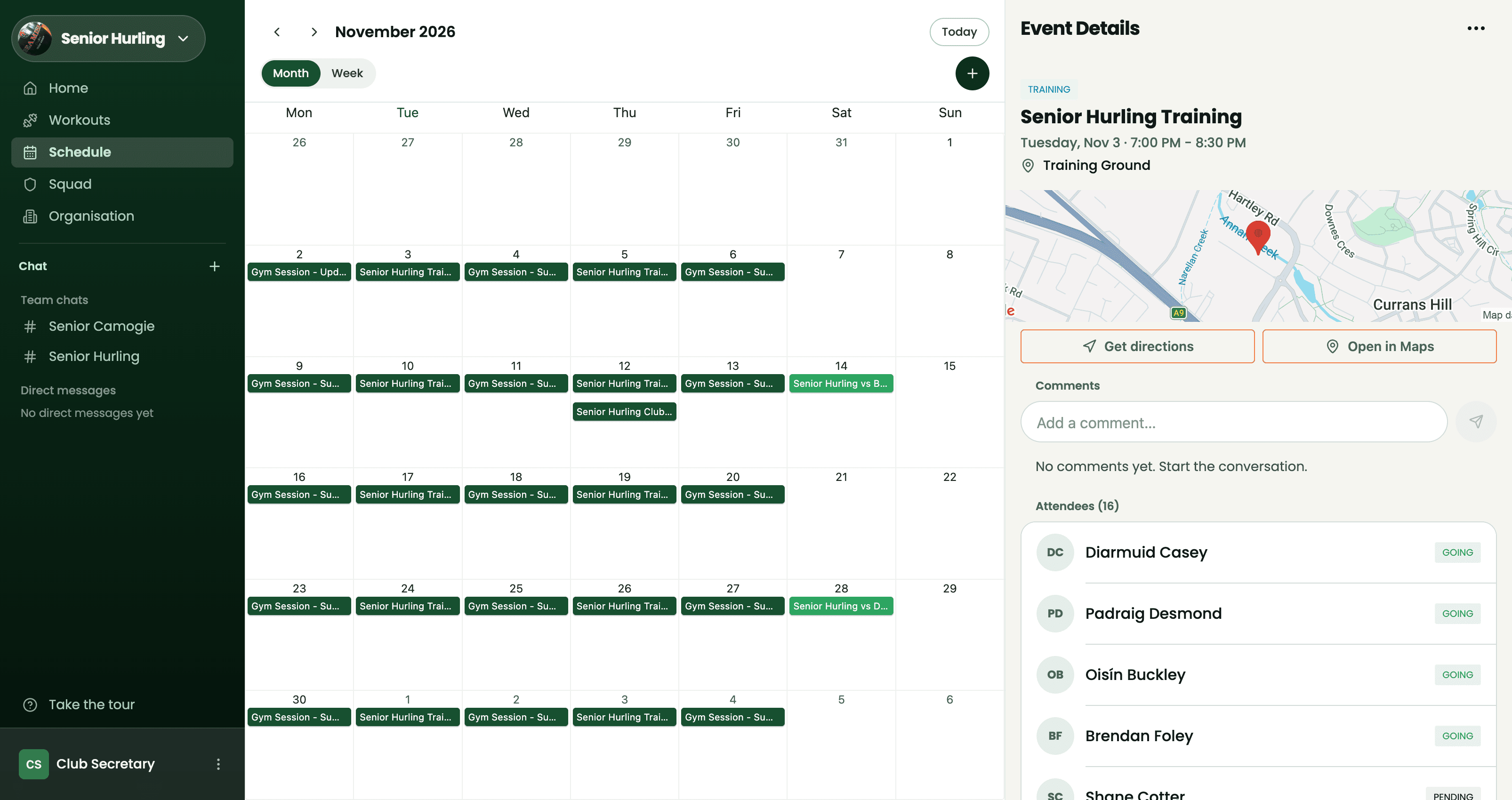 Bua on the web: the squad calendar of training, gym sessions and matches, with an event open beside it showing the venue map and who's going.