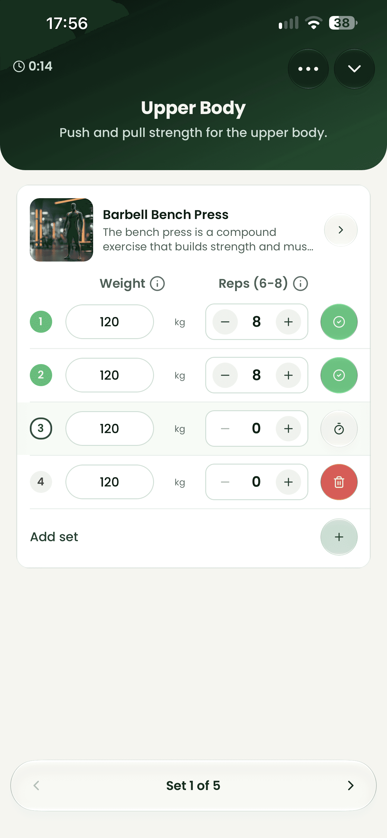 Bua on iPhone: a player mid-session on Upper Body, logging weight and reps for each set of barbell bench press.