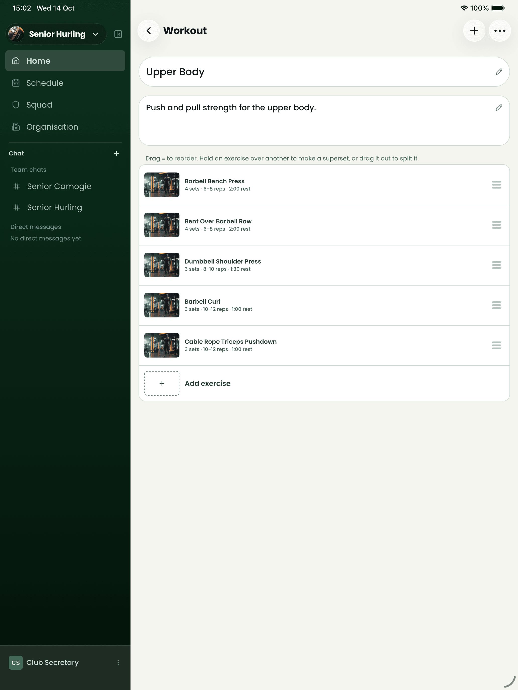 Bua on iPad: building an Upper Body workout — bench press, rows, shoulder press, curls and triceps, each with sets, reps and rest.